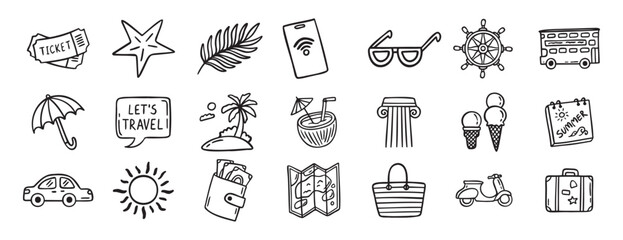 Naklejka premium travel doodle hand drawn icon set. Outline drawing travel tourism line clipart symbols
