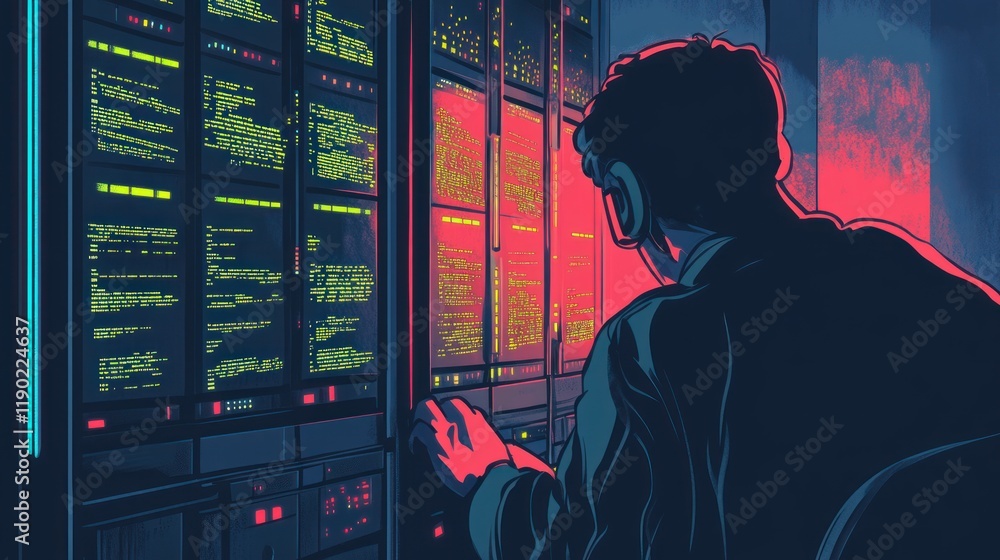 Aufkleber night shift: a coder's focus amidst glowing screens