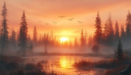 Serene Sunrise Over Misty Forest and Tranquil Water