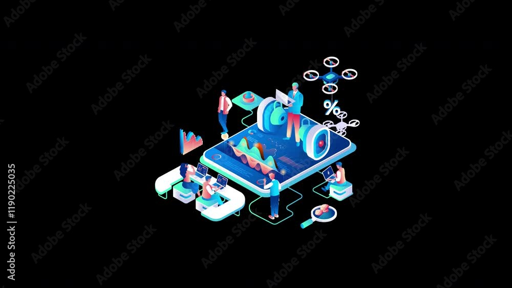 Poster diverse group of people analyzing data on a digital tablet in a colorful infographic setting.