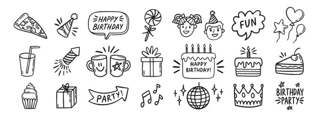 Set of Happy Birthday for kids doodles. Sketch of party decoration, gift box, cake, party hats. Birthday doodle hand drawn icon set.