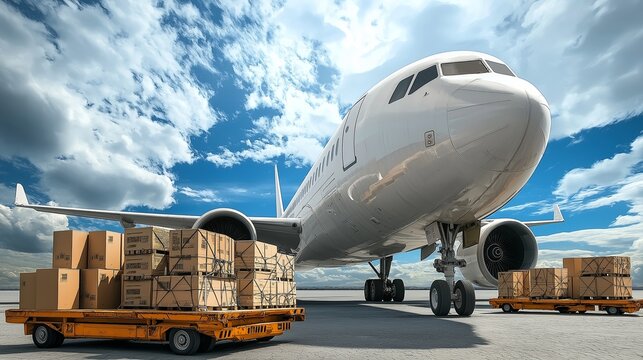 Cargo Plane Ready for Takeoff: A powerful cargo plane stands poised for takeoff, loaded with numerous cardboard boxes on a yellow cargo cart. Generative ai illustration.