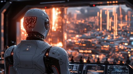 Futuristic Robot Overlooking a Neon Cityscape
