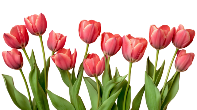 Set of tulips in violet, white, pink, red, purple, and blue on a transparent background. Valentine's Day, Easter, Birthday, Women's Day, Mother's Day, flat lay, quotes, greetings, messages, and cards.