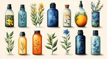 A variety of skincare packaging is represented in flat illustrations, including bottles for various products