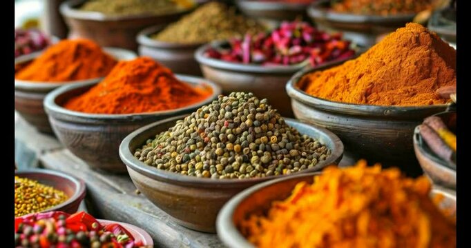 Colorful spices in bowls at a market.