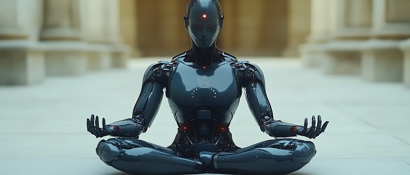 Robot meditating in lotus position.