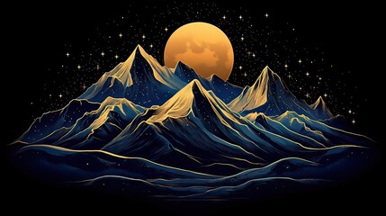 A vector graphic design of mountains outlined in gold on a deep blue background, giving a simple, elegant style