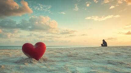 Fototapeta premium A lonely person sitting on the sand beside a broken heart symbol, with the sea and sky in the distance.