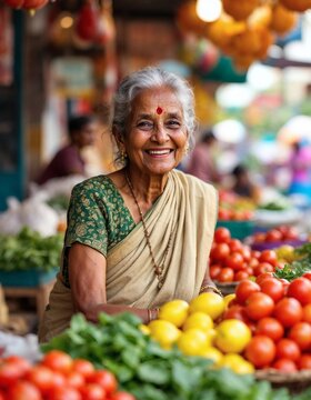 senior woman selling vegetables at the local market in India