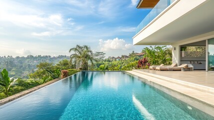 Fototapeta premium A luxurious infinity pool with clear, deep blue water and scenic nature views.