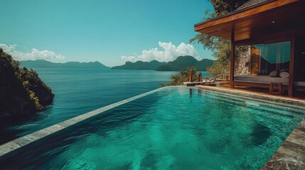 Obraz premium A luxurious infinity pool with clear, deep blue water and scenic nature views.
