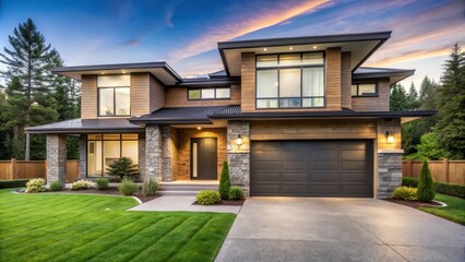 Modern Luxurious Home Exterior at Dusk Stone Accents, Expansive Windows, and Landscaped Lawn