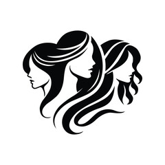 Heart-shaped composition of three female silhouettes with different hairstyles