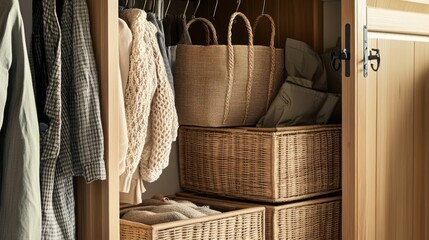 Organizing Storage Space with Woven Baskets and Cozy Apparel