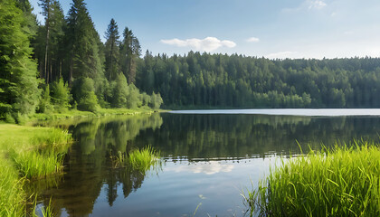 Obraz premium summer day view by the lake with clean water and water grass green foliage near forest