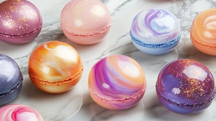 Obraz premium A close-up of colorful macarons with glossy finishes, including vanilla and berry flavors, arranged on a marble background