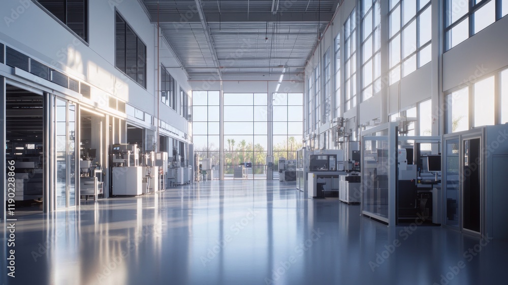 Poster modern factory interior: sunlight streaming through large windows illuminating clean, high-tech mach