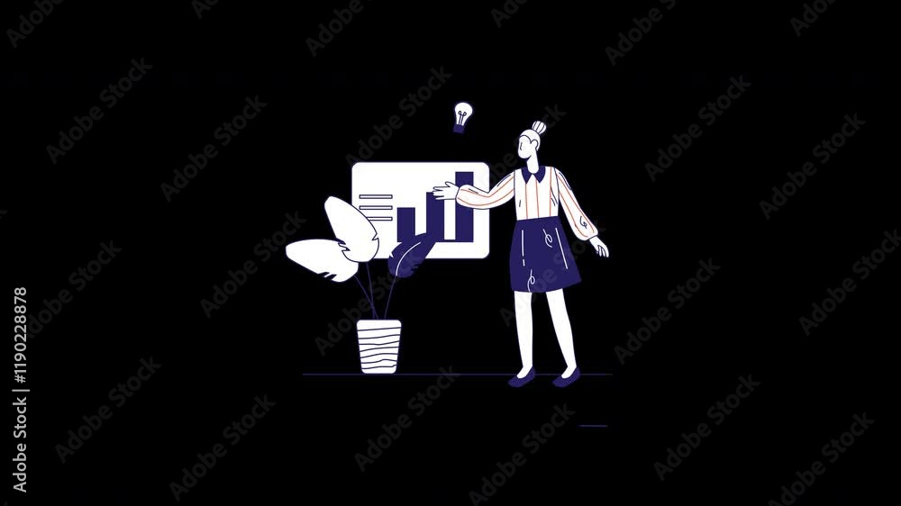 Poster a white person presenting a plant and chart in a professional setting with a lightbulb symbolizing i