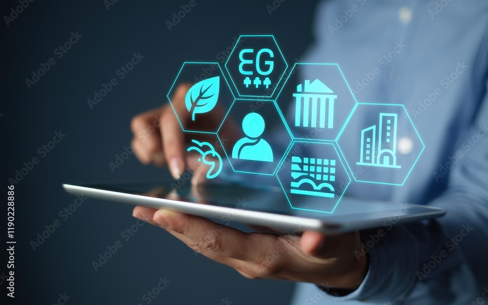 Poster person using tablet to access environmental governance data