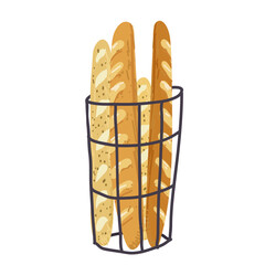 French baguettes in basket. Fresh bakery, baked whole cereal wheat bread sticks with crust. Homemade food. Bagette, breakfast product. Flat vector illustration isolated, vector hand drawn.