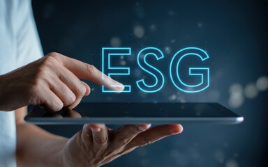 Naklejka premium Hands using tablet to display ESG acronym