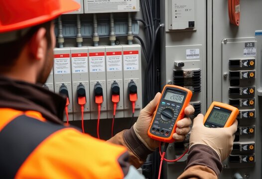 An electrical maintenance service engineer is shown carrying an AC voltmeter while conducting a voltage check at breaker terminals