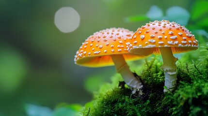 Close up of two Amanita muscaria mushrooms growing