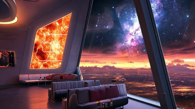Futuristic space lounge offering stunning cosmic views at twilight, Futuristic space lounge with expansive window view of galaxy and modern interior Sci fi concept
