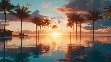 Obraz premium A peaceful lagoon with palm trees reflected in the water, set against a sunset.