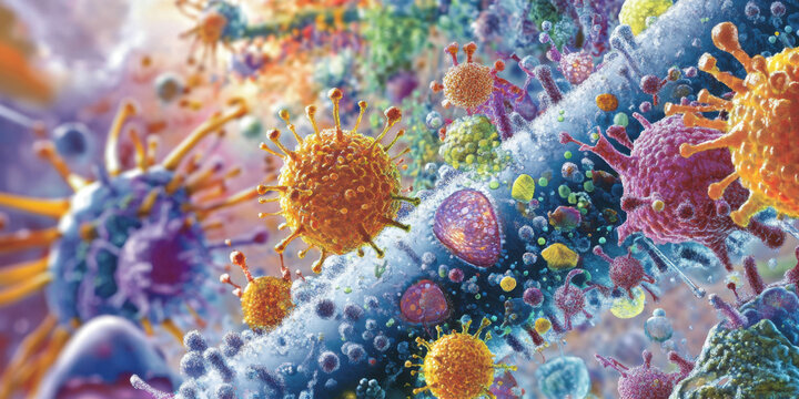 Colorful microscopic view of diverse microbes.