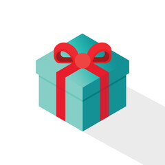 Isometric gift box with red ribbon and bow on white background