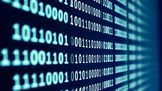 Binary code stream displays digital data processing in a modern computing environment
