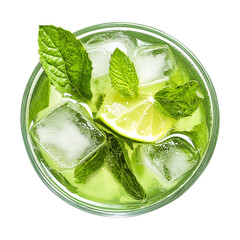 Gin tonic mojito cocktail with mint in a glass top view isolated on transparent white background, clipping path