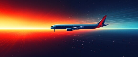 Naklejka premium Airplane flying over ocean sunset.