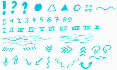arrows, arabic numbers, roman numbers, shapes, lines blue, hand drawn
