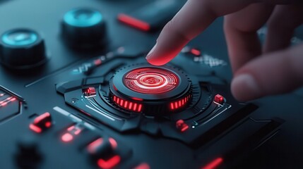 Close-up of a futuristic hand gesture control panel with vibrant holograms,