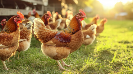 Fototapeta premium Organic chicken farm with free range chickens grazing in a lush green meadow during a picturesque golden hour sunset in the beautiful countryside landscape 