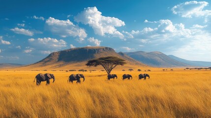 Obraz premium African elephants graze in golden savanna under a blue sky near a lone acacia tree and distant mountains.