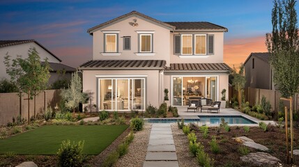 Two-story house with pool and backyard at dusk.