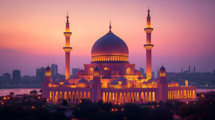 Majestic Mosque at Sunset, Illuminated against a Vibrant Twilight Sky