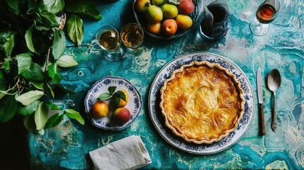 A pie served on a decorative plate with a side of fresh fruit.