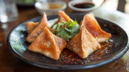 A plate of crispy dumplings with soy sauce and chili oil.