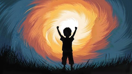 Anger Metaphor with Boy Silhouette and Orange Sky, Scribble Art Silhouette of Boy in Swirling Sky, Visual Frustration with Boy Silhouette and Yellow-Orange Sky