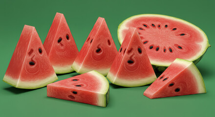 A colorful display of sliced watermelon on a solid green background with natural shadows, highlighting its refreshing appeal