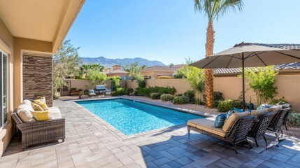 A poolside lounge area with umbrellas and chairs overlooking a serene backyard pool.