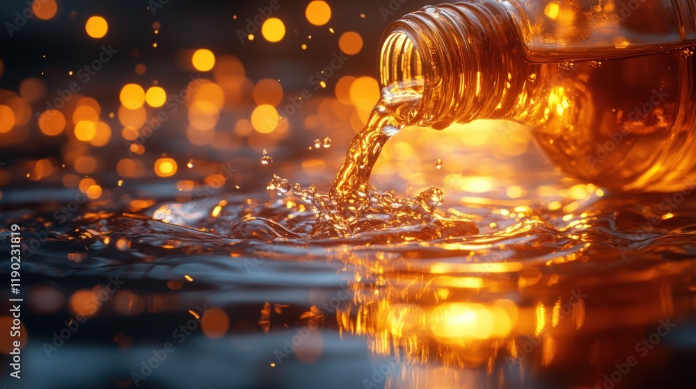 Poster amber liquid pouring from bottle, creating splash and reflection against bokeh lights.