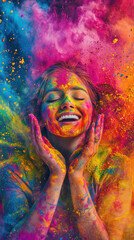 Obraz premium Joyful person covered in vibrant colorful powder.
