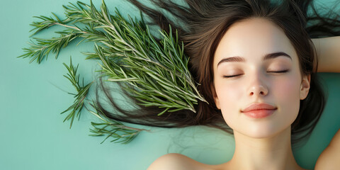 Naklejka premium Relaxed Young Woman with Rosemary Sprigs in Her Hair for Natural Beauty