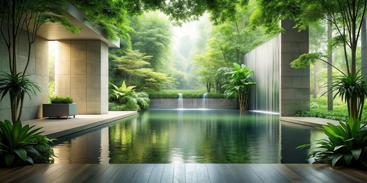 Serene Minimalist Poolside Oasis with Cascading Water Feature and Lush Tropical Greenery
